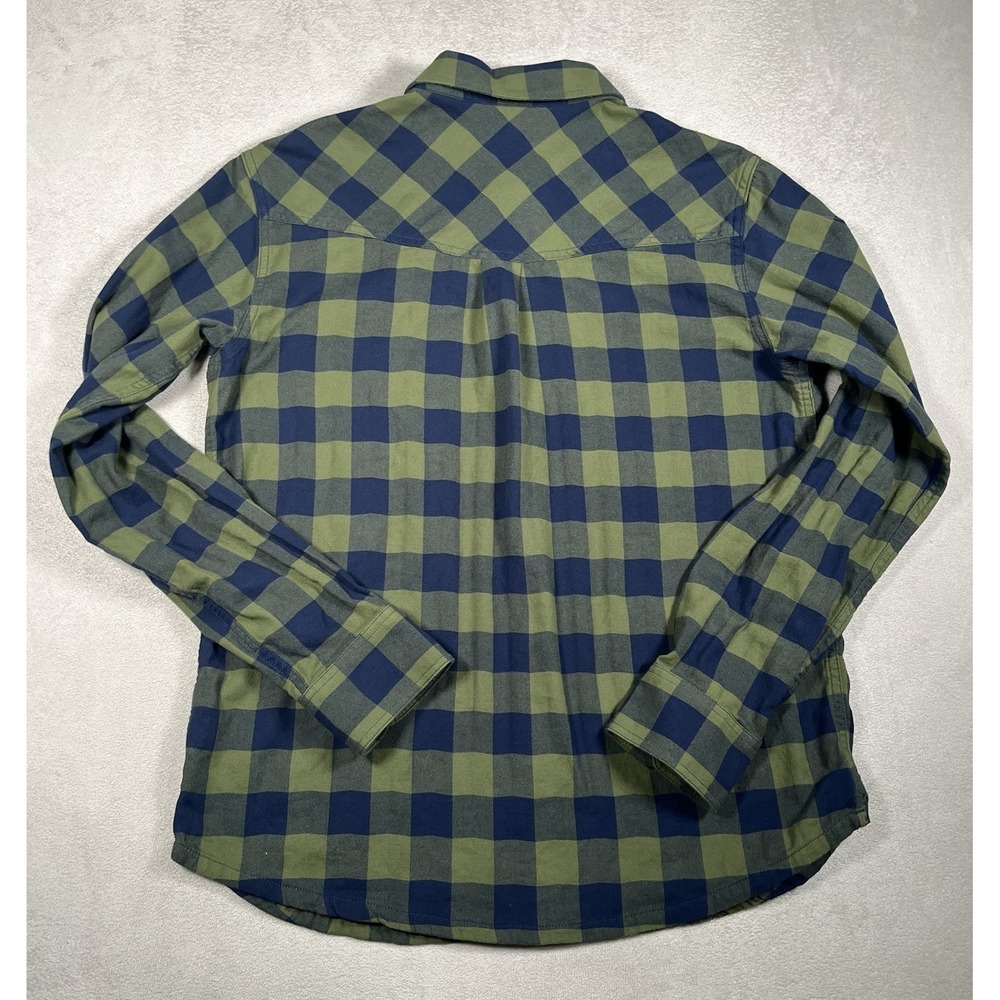 Stio Mens Medium Flannel Shirt Green Blue Buffalo Plaid Organic Cotton Stretch - Picture 4 of 9